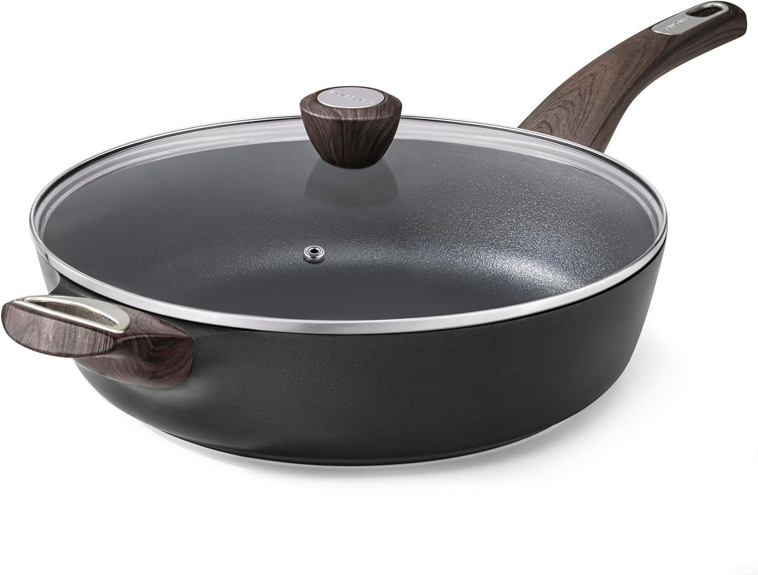 Deep black non-stick skillet with a glass lid and wood-effect handles