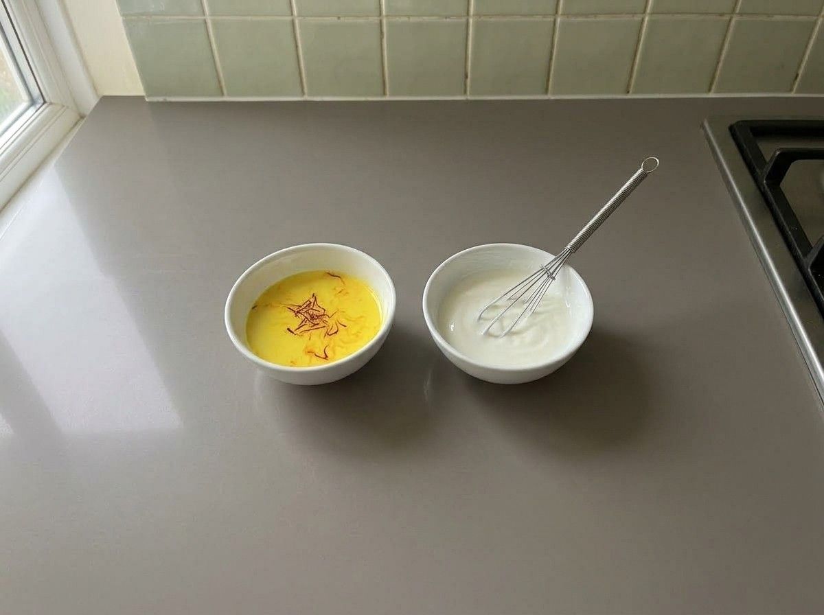 Saffron threads steeping in warm milk that has turned golden, beside a bowl of whisked plain yogurt