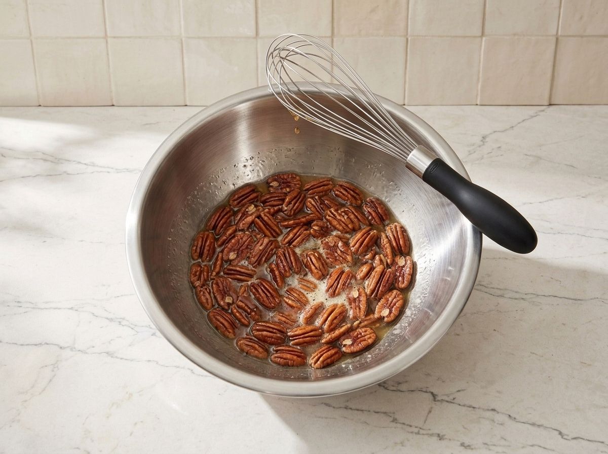 Pecan halves stirred through the amber corn syrup filling in a mixing bowl, whisk resting on the rim