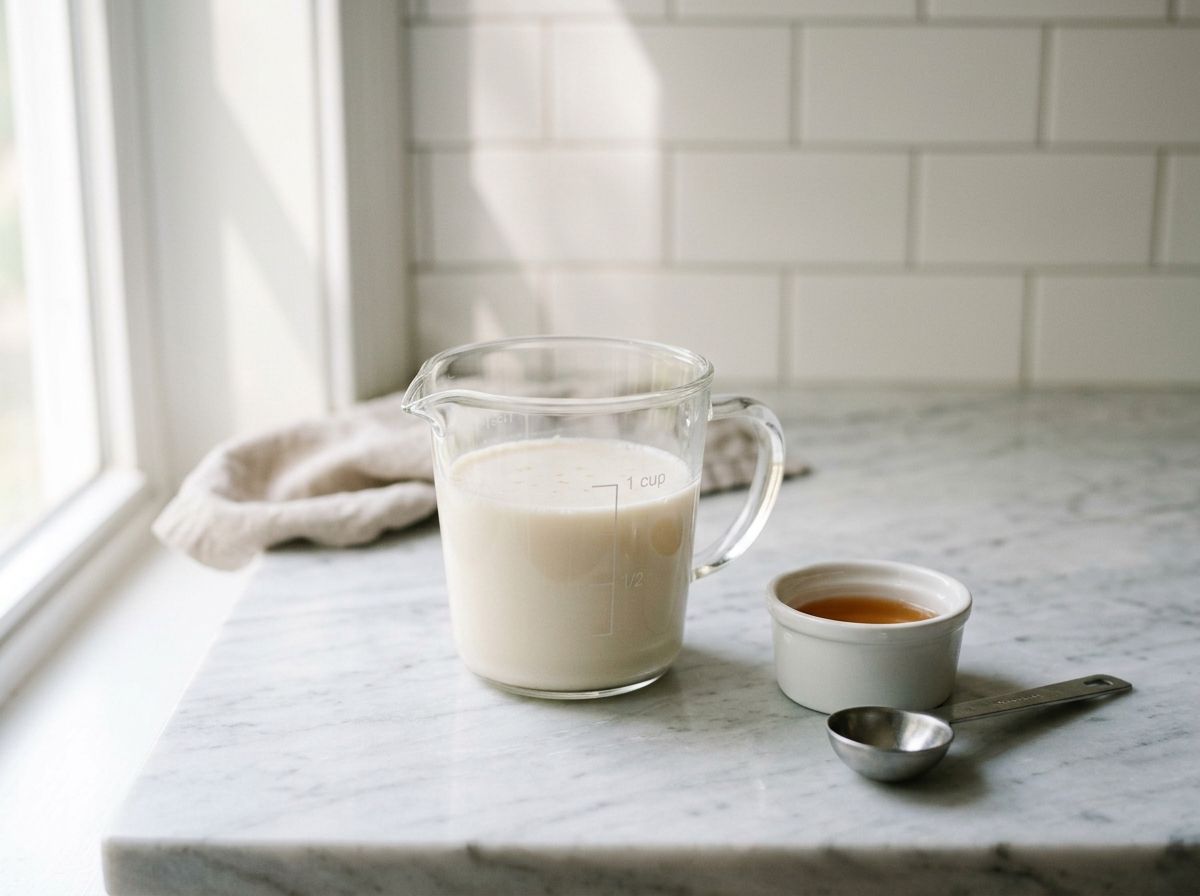 Plant milk souring in a glass measuring jug beside a small dish of cider vinegar