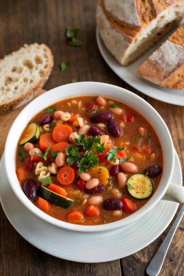 A hearty bowl of vegan minestrone soup with vegetables, beans, and pasta, garnished with parsley, on a rustic table with bread.