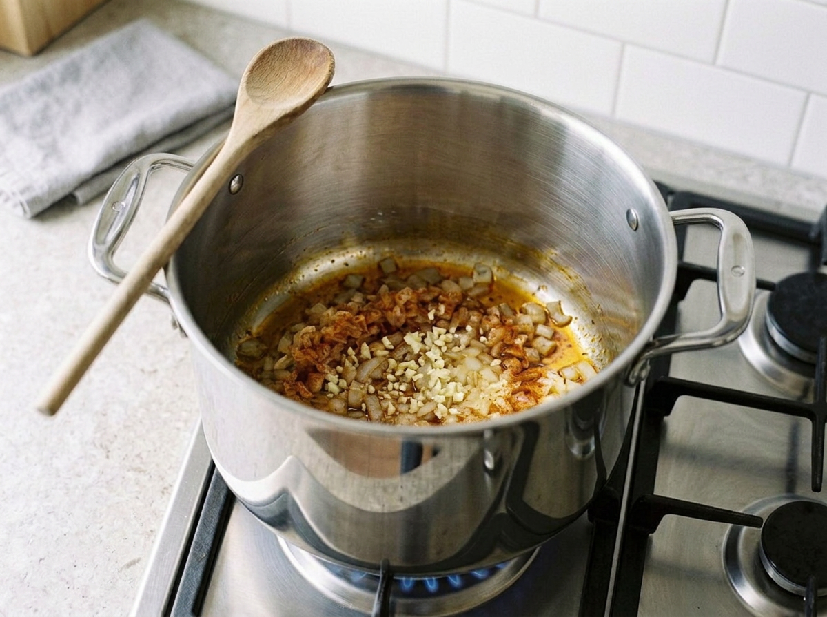 Minced garlic and smoked paprika added to the softened onion, the paprika tinting the oil rust orange