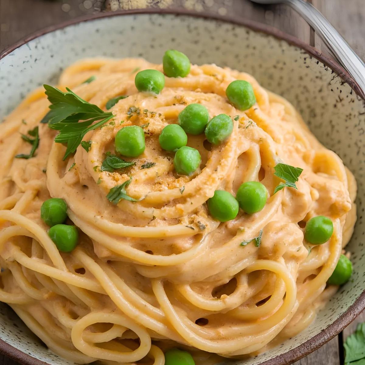 Vegan spaghetti carbonara with cashew sauce, peas, and parsley in a rustic bowl on a wooden table.