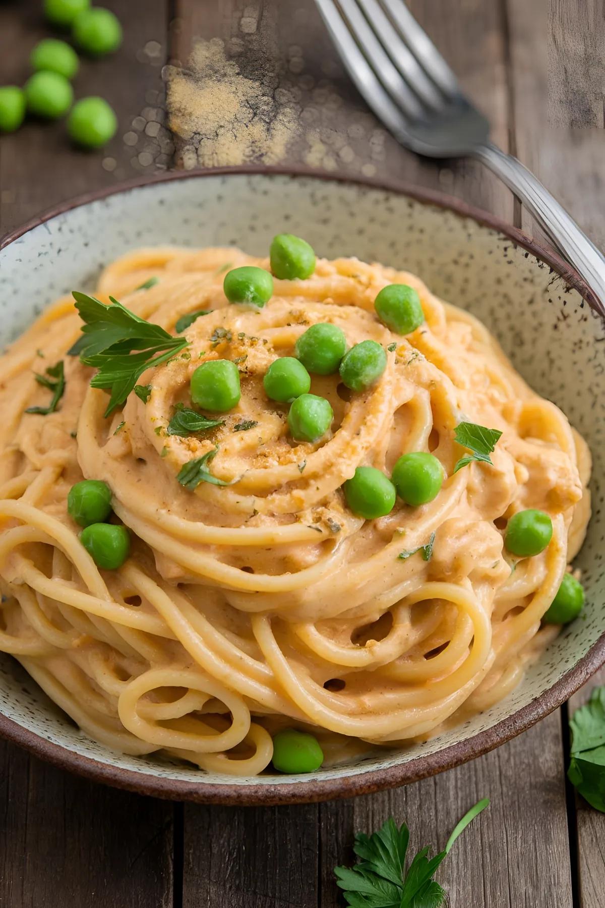 Vegan spaghetti carbonara with cashew sauce, peas, and parsley in a rustic bowl on a wooden table.