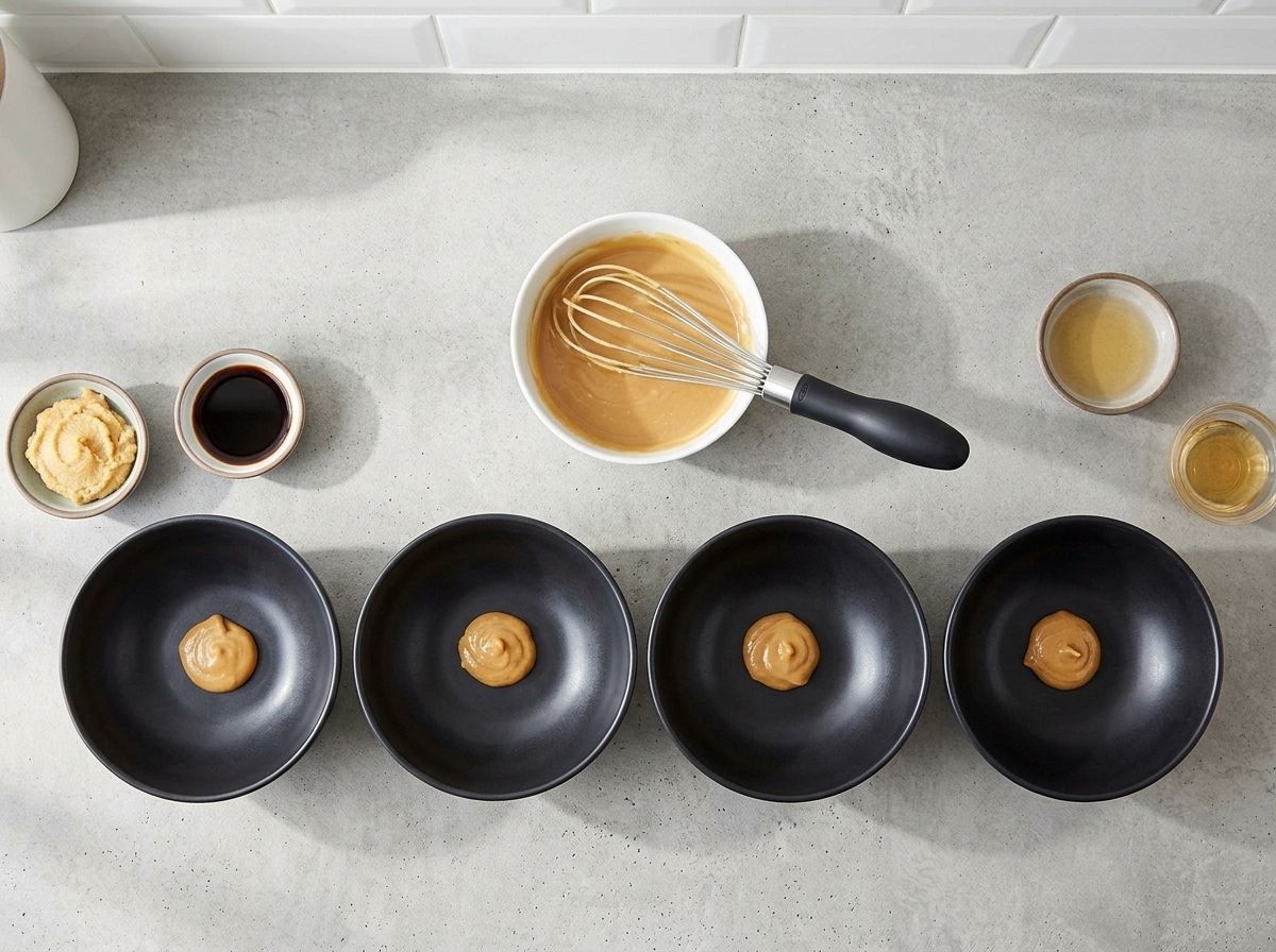 Miso tare whisked smooth in a bowl and divided into the bottom of four black ramen bowls