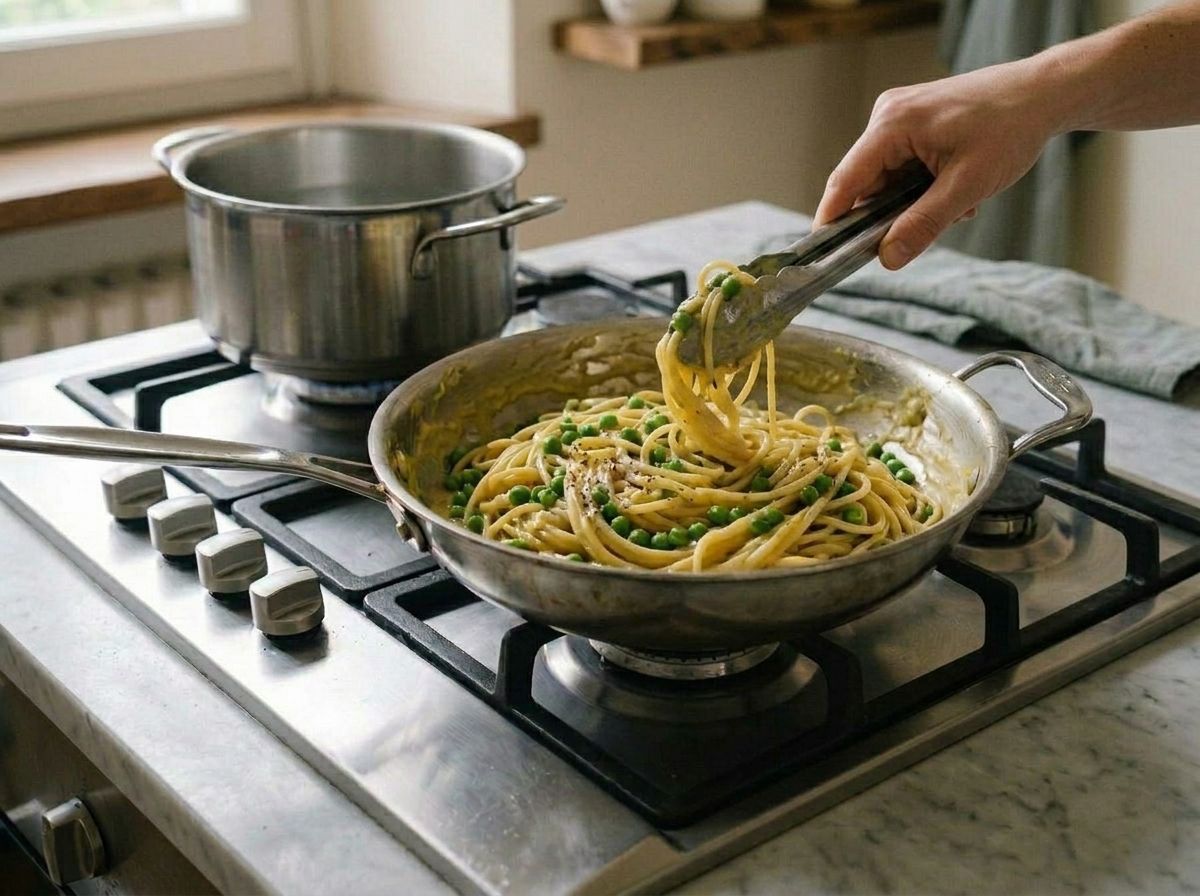 Tongs lifting a twist of spaghetti and peas from the pan off the heat, the pale golden cashew sauce clinging to the strands