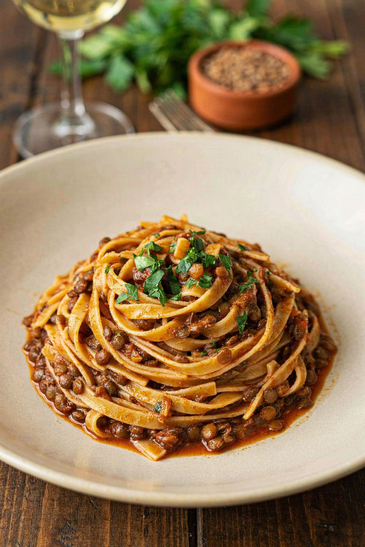 Vegan lentil Bolognese: tagliatelle tossed with a thick rusty red-brown lentil ragù and finished with chopped parsley, in a cream stoneware bowl