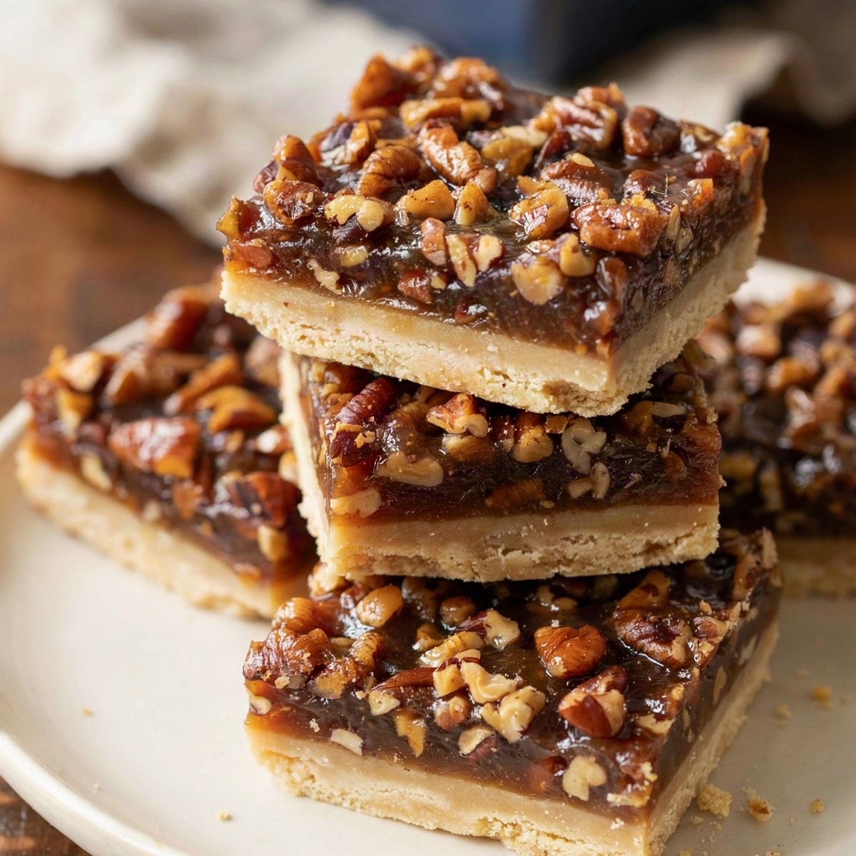 Pecan pie bars stacked on a cream plate, a dark amber filling packed with chopped pecans over a pale golden shortbread base