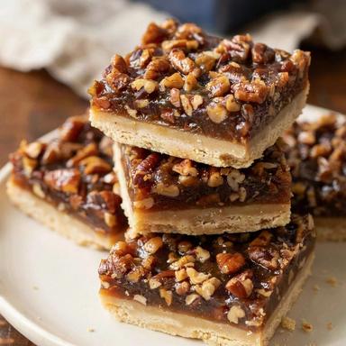 Pecan pie bars stacked on a cream plate, a dark amber filling packed with chopped pecans over a pale golden shortbread base
