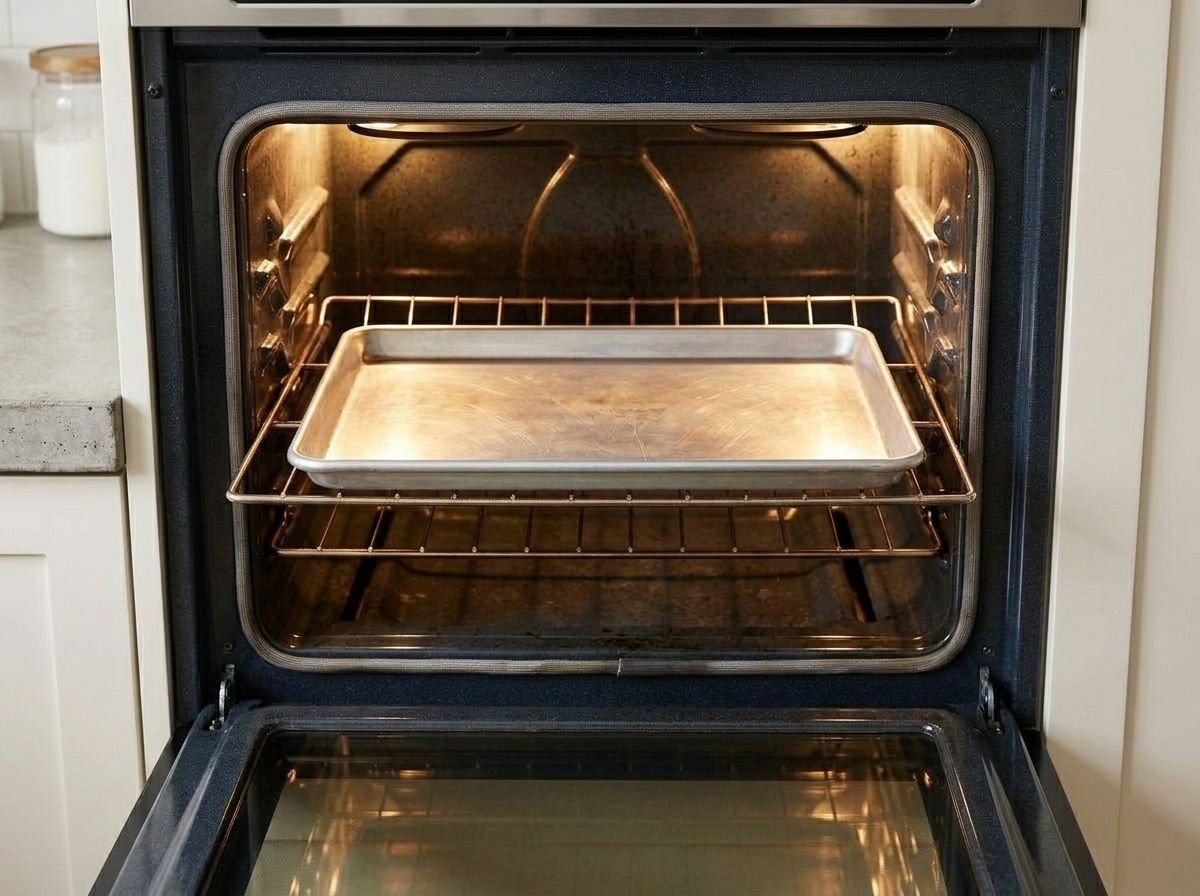 An empty aluminum baking sheet heating on the middle rack inside the oven.
