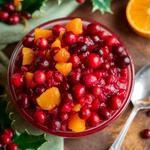 Vibrant cranberry-orange relish in a bowl with orange slices.