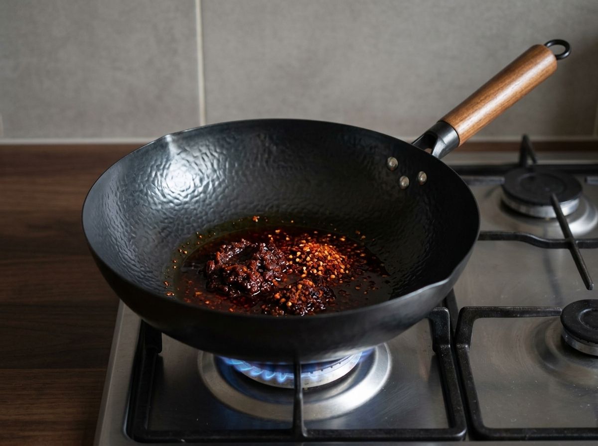 Dark red fermented broad bean chili paste and chili flakes frying in oil until the oil turns deep red.
