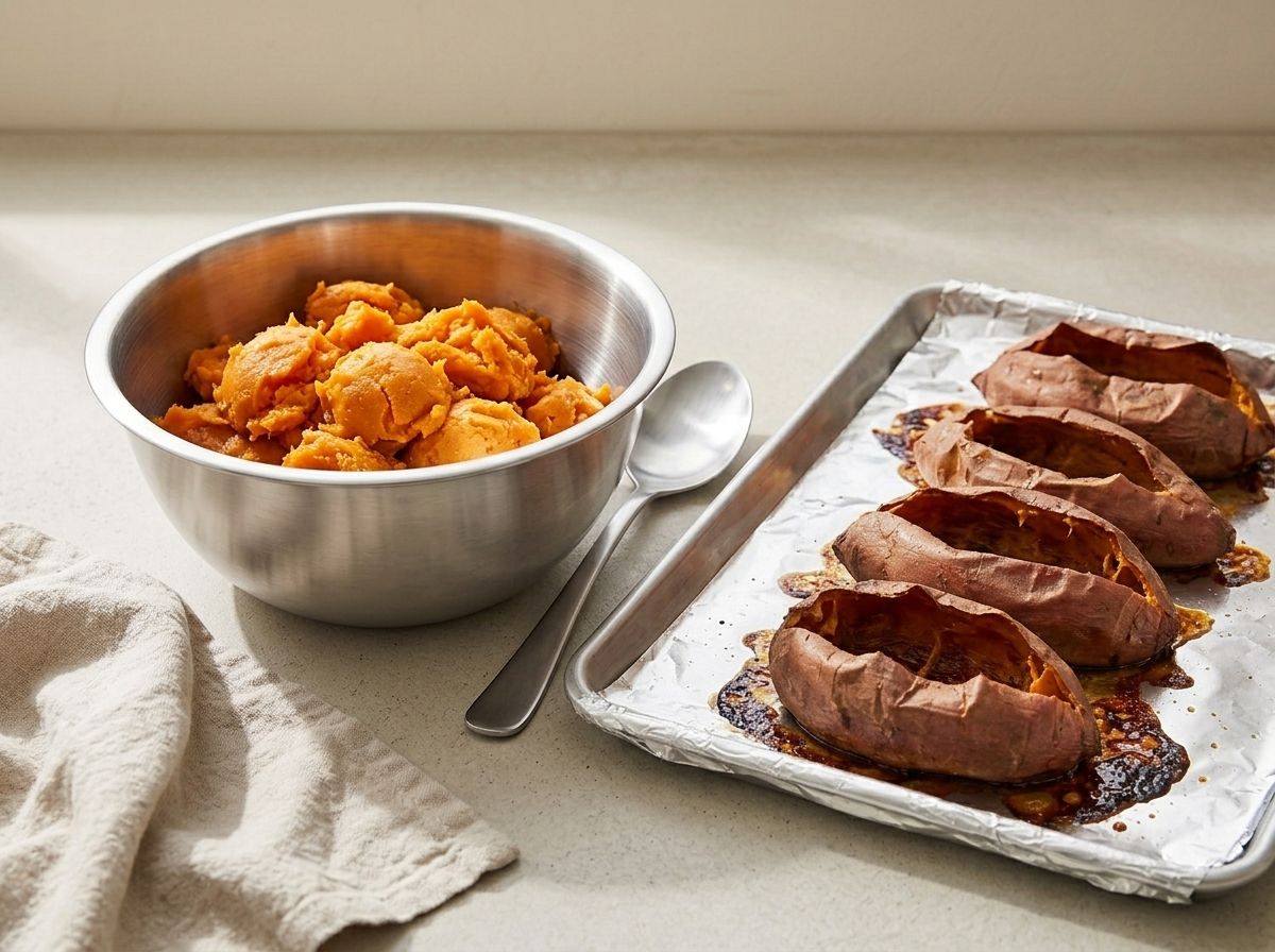 Roasted sweet potato flesh scooped into a stainless mixing bowl, the emptied skins left behind on the sheet