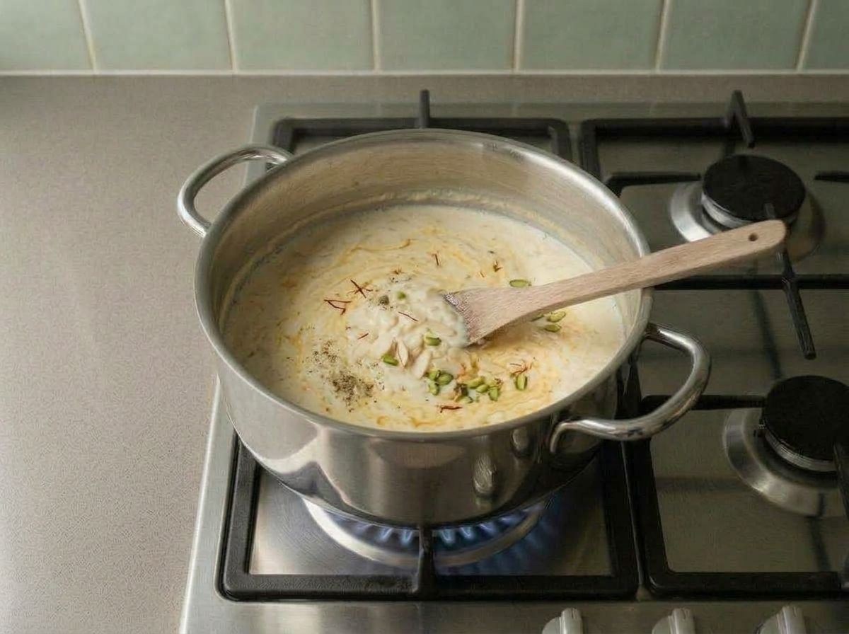 Saffron, ground cardamom, almonds and pistachios stirred into the kheer