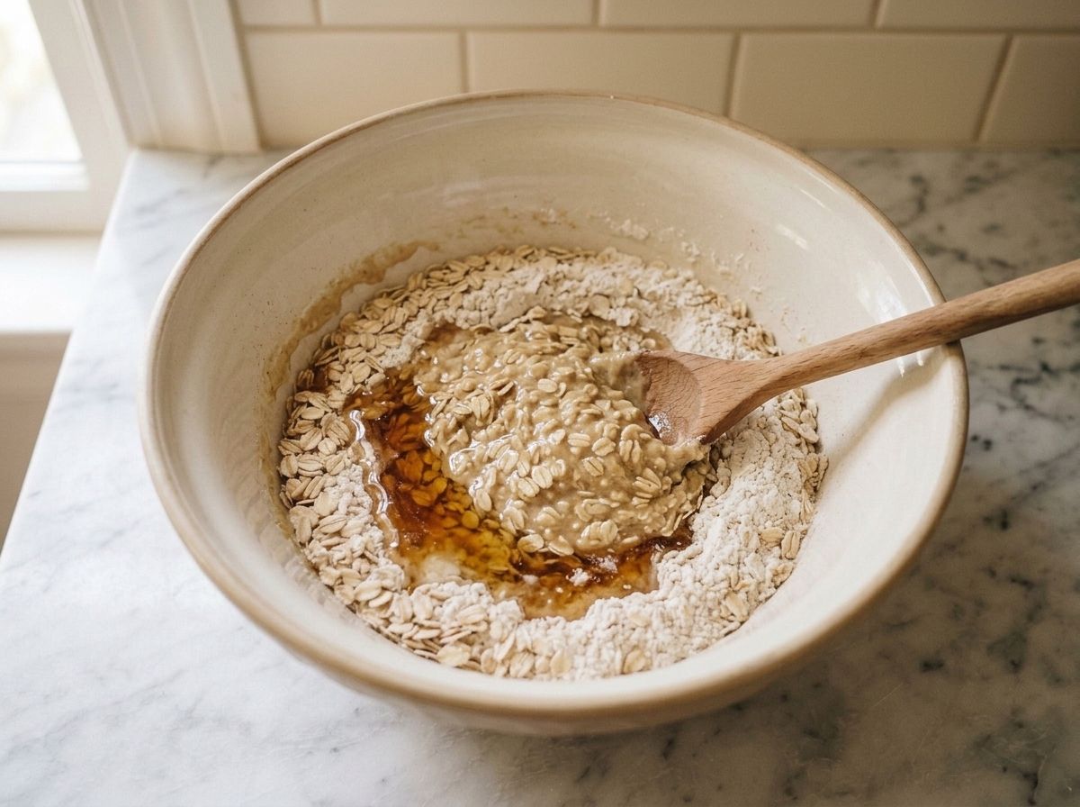 The amber wet mixture being folded into the oats and flour, still half combined