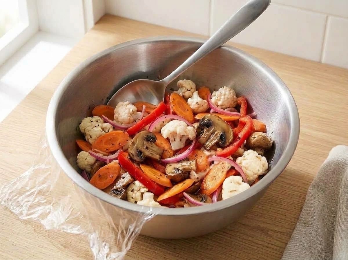 The vegetables after marinating, mushrooms darkened and silky and the red onion turned bright pink