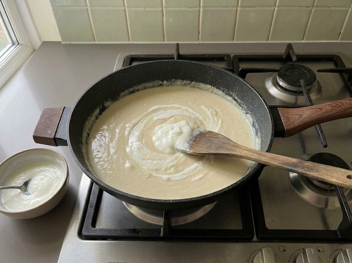 Yogurt being stirred into the pale gravy a spoonful at a time with the burner turned off