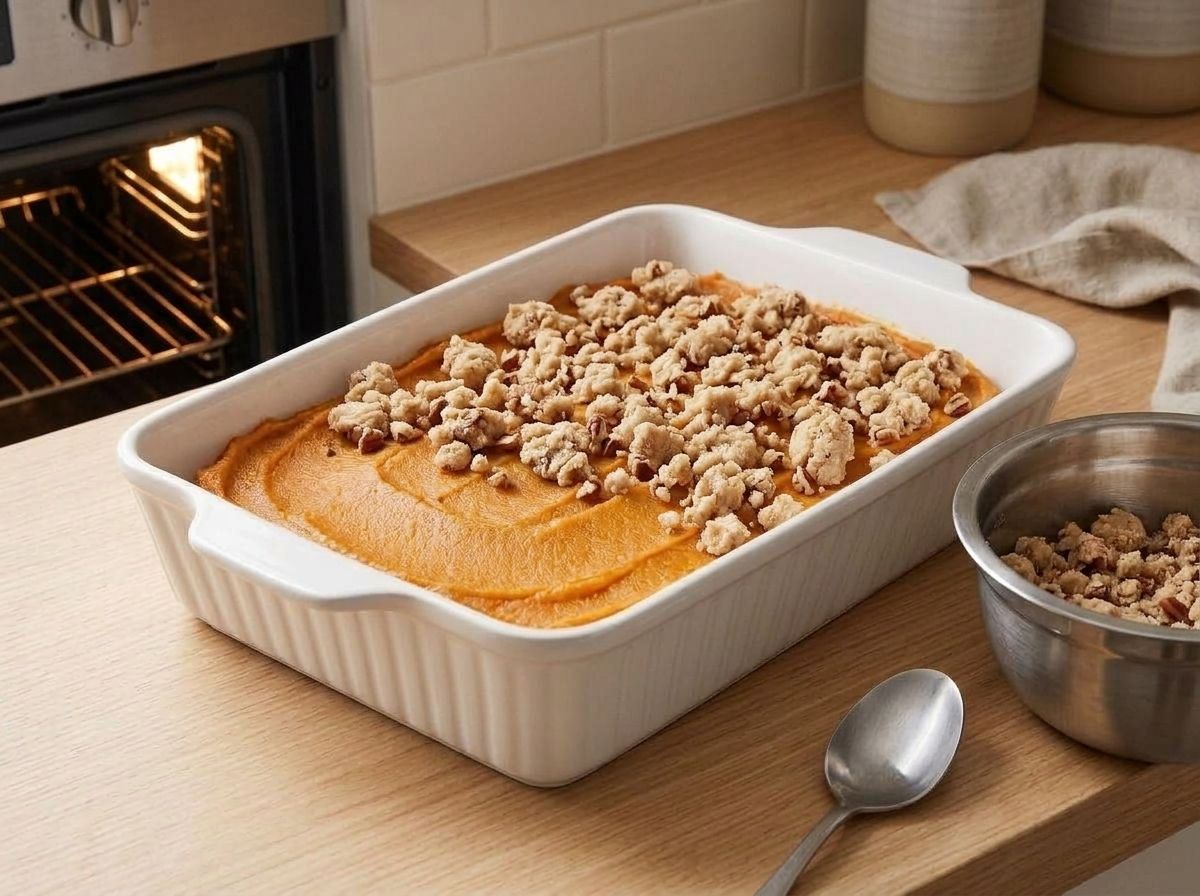 Pecan streusel scattered in loose clumps over the sweet potato filling before baking