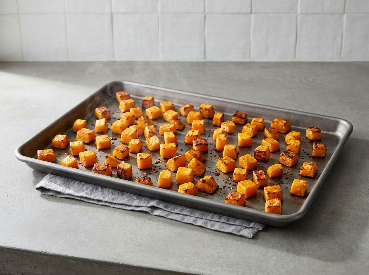 Roasted butternut squash cubes spread in a single layer on a baking sheet, edges deeply browned