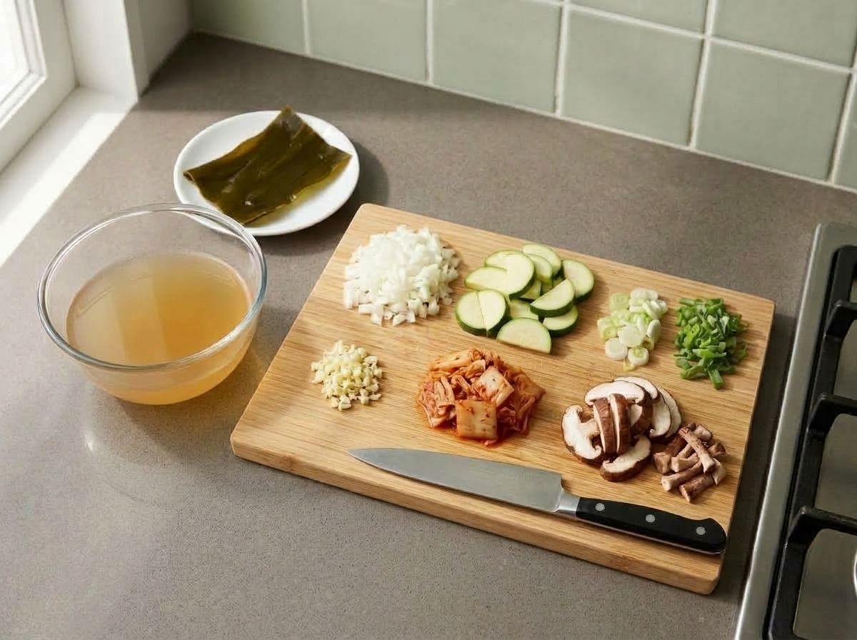 Chopped onion, garlic, zucchini half-moons, kimchi, scallions and sliced shiitake on a board beside the strained stock and the lifted-out kelp