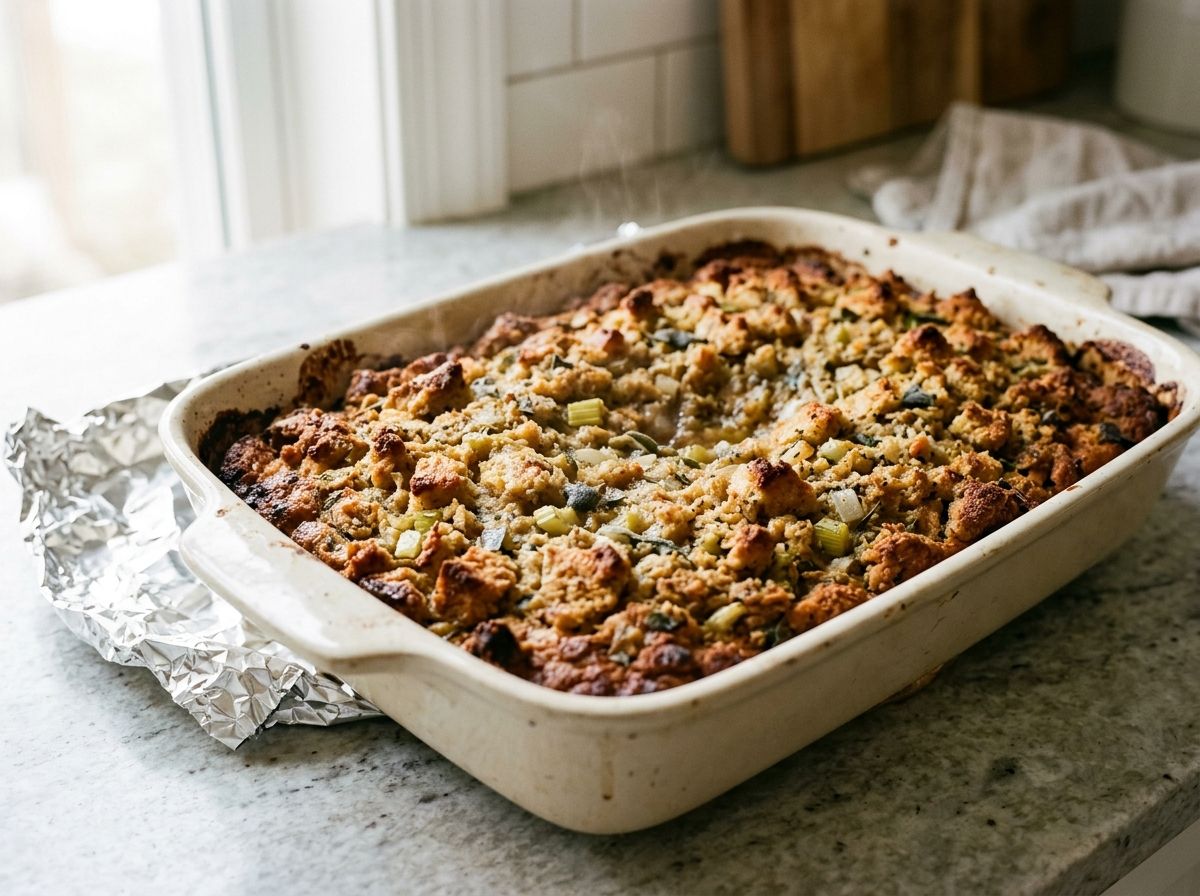The baked dressing with the foil off, its top craggy and deep golden brown and still soft enough to dip in the middle.