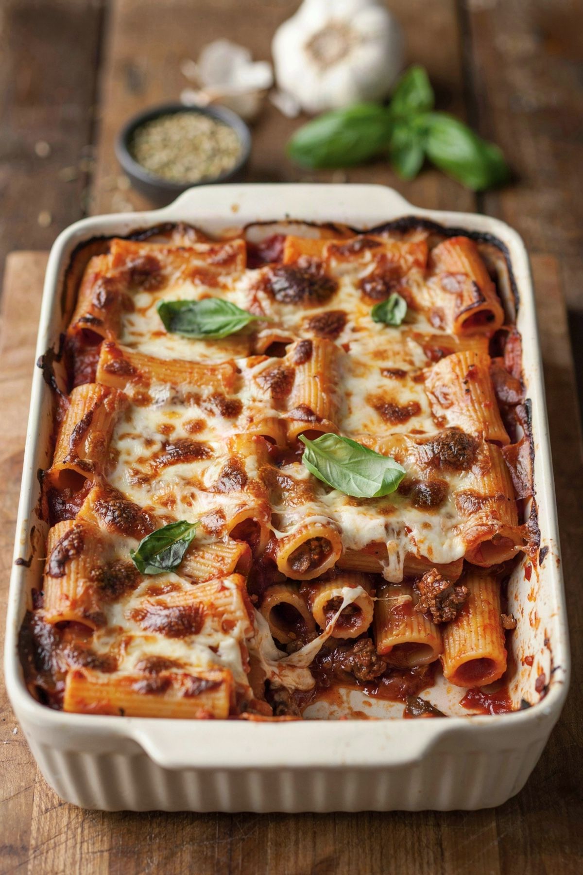 Meatless baked rigatoni in a white baking dish, browned blistered mozzarella on top and torn basil, one corner scooped out to show brick-red sauce with browned mushroom crumbs and a pull of melted mozzarella