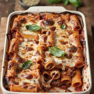 Meatless baked rigatoni in a white baking dish, browned blistered mozzarella on top and torn basil, one corner scooped out to show brick-red sauce with browned mushroom crumbs and a pull of melted mozzarella