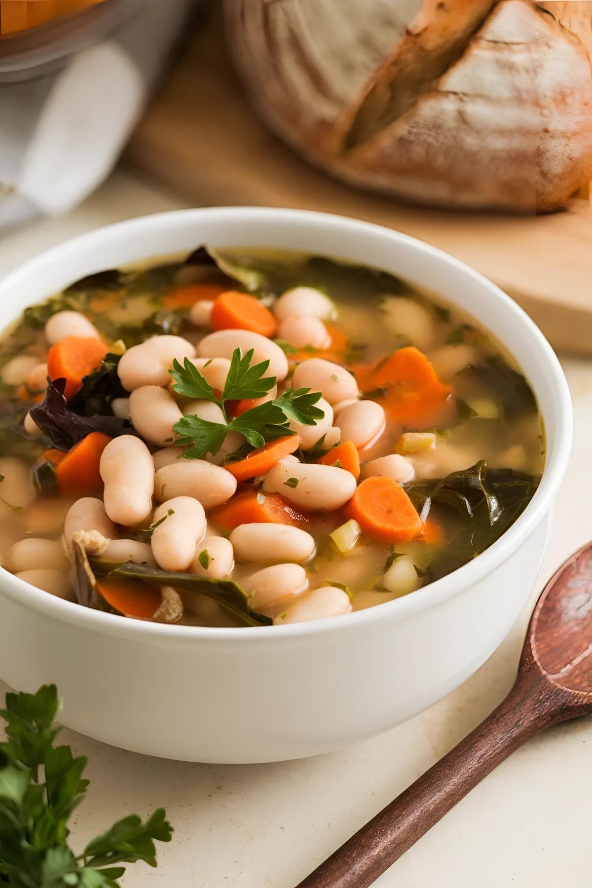 A bowl of vegan white bean soup with carrots and greens, garnished with parsley, on a rustic kitchen table with bread.