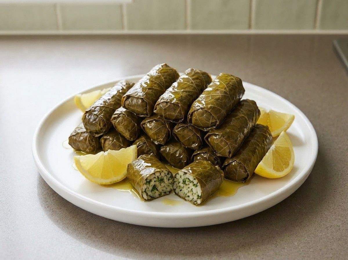Dolmades piled on a white platter, drizzled with olive oil and served with lemon wedges
