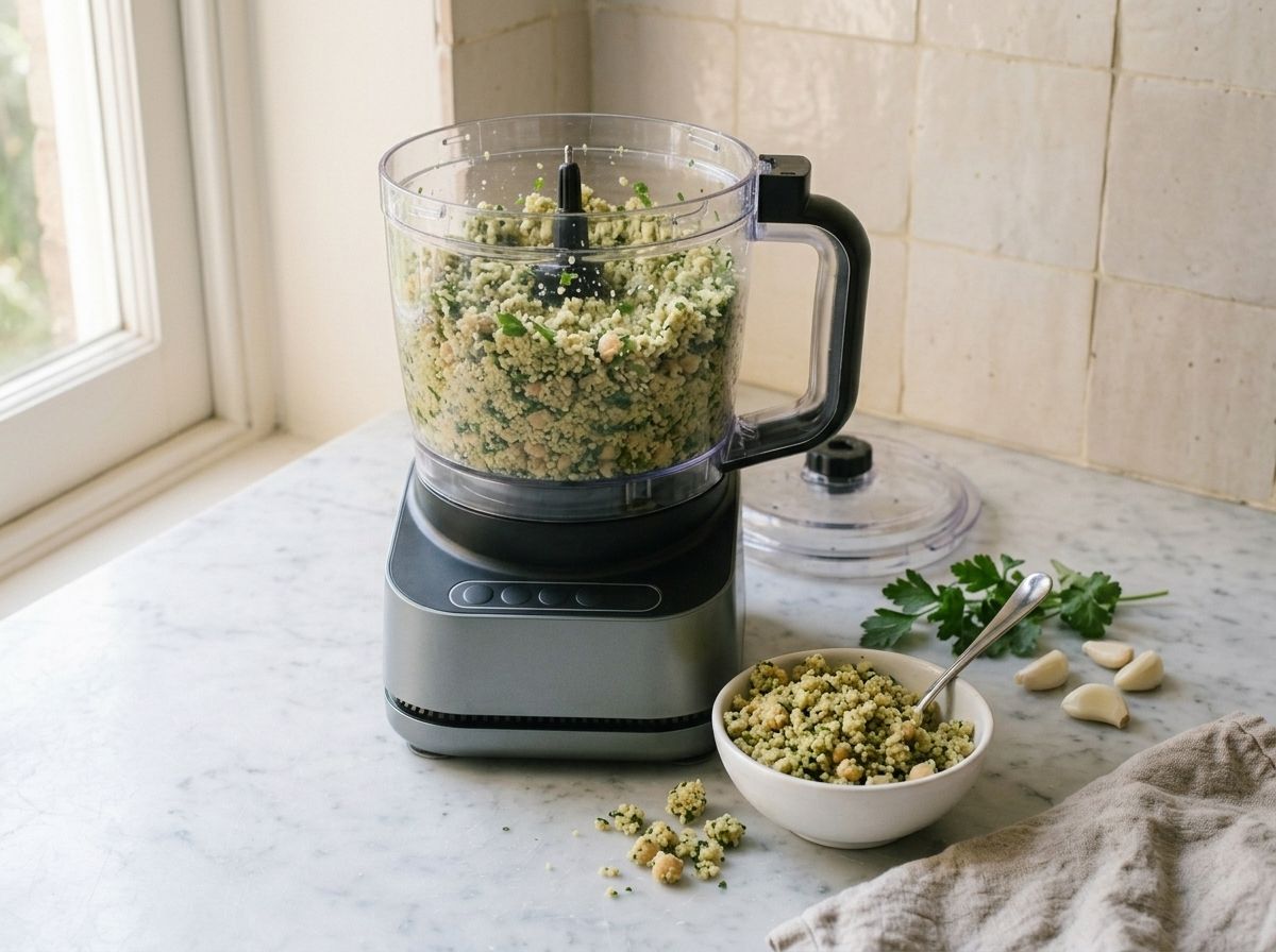 The coarse green falafel mixture in a food processor bowl, a spoonful tipped into a dish to show the crumb