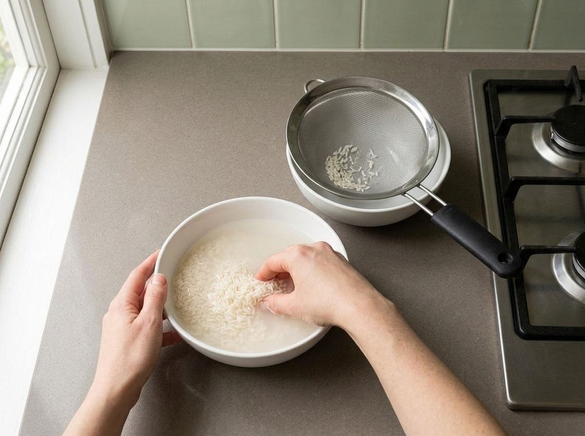 Basmati rice being swished in a bowl of cloudy rinsing water, a fine mesh strainer beside it