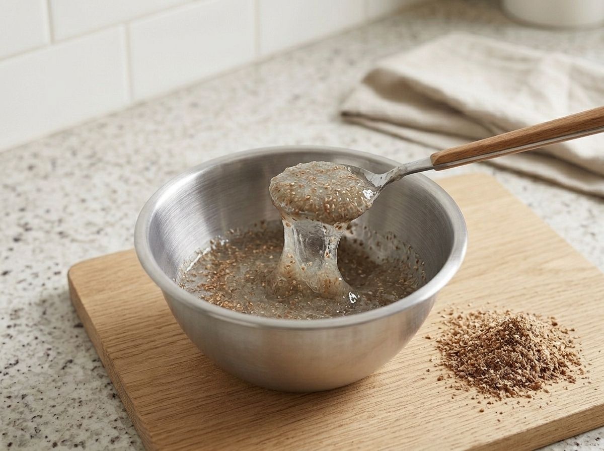 Ground flaxseed stirred into water in a small bowl, thickened into a gel that stretches from the spoon like raw egg white.