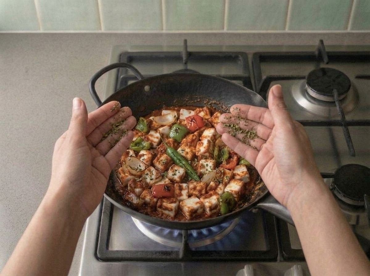 Seared peppers returned to the wok and kasuri methi crushed between the palms over the pan