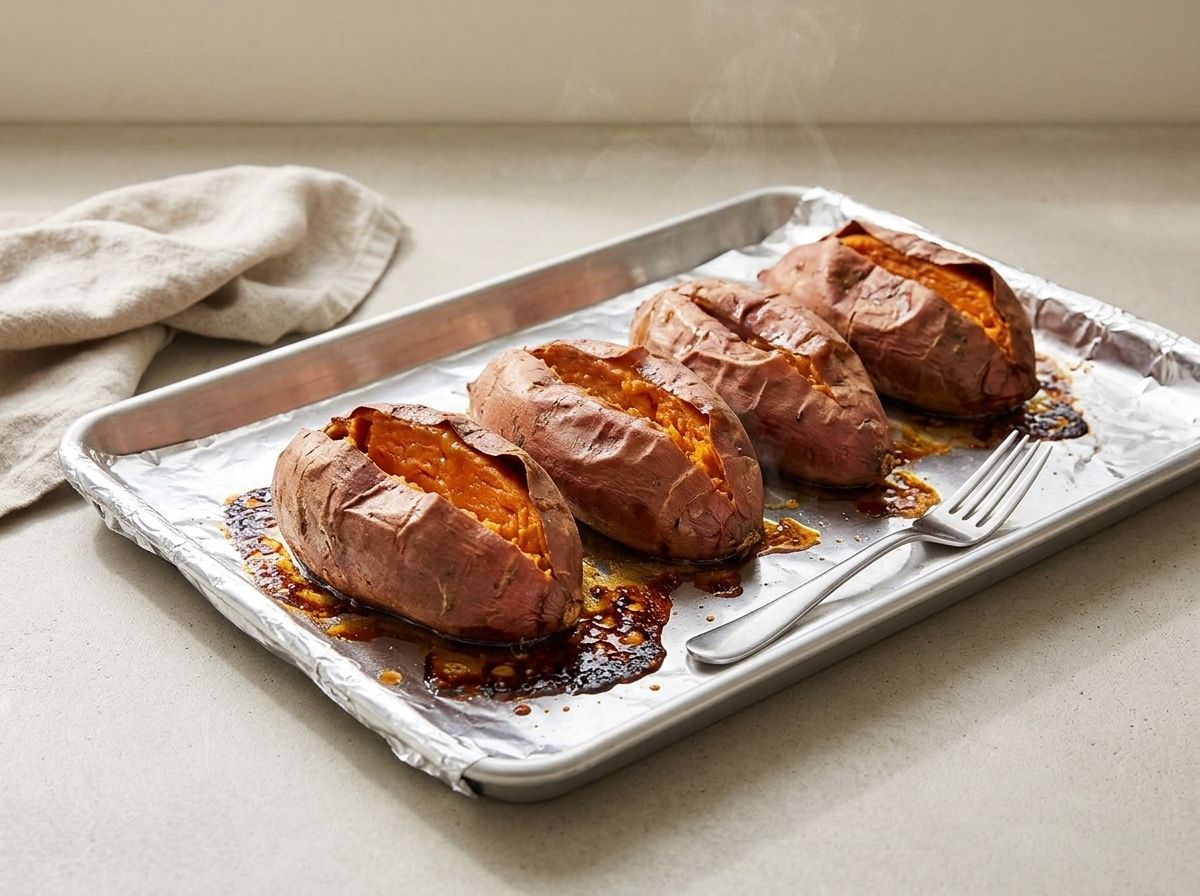 Four whole sweet potatoes roasted until the skins split and syrup has caramelized on the foil-lined baking sheet