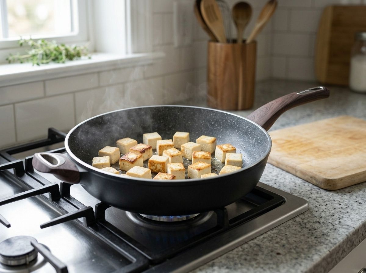 Cornstarch-dusted tofu frying in a single layer, the turned edges deep golden