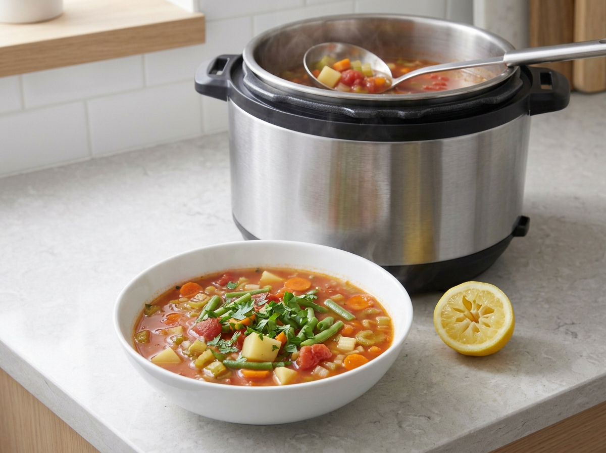 A white bowl of the finished vegetable soup with parsley scattered over, a ladle resting on the pot behind