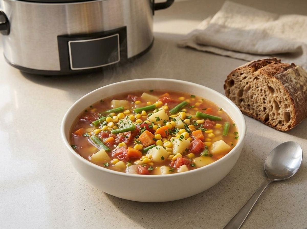 A bowl of finished vegetable crock pot soup with potato, carrot, celery, green beans, corn and tomato in a clear broth, scattered with parsley and served with crusty bread
