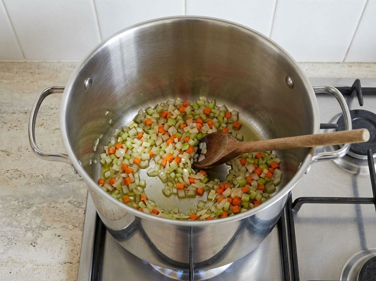 Diced onion, carrot and celery softening in olive oil in the bottom of a large steel pot, the onion translucent and nothing browned.