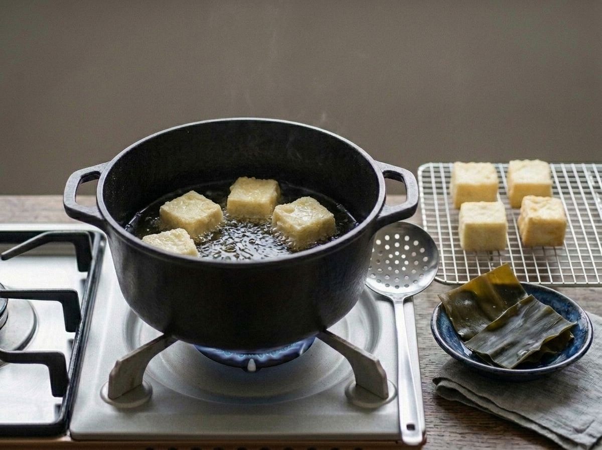 Four cubes of tofu frying to pale gold in shallow oil, four more draining on a wire rack