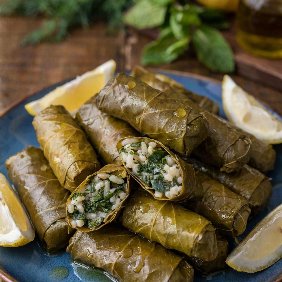 Greek dolmades piled on a blue plate, glossy rolled grape leaves with one cut open to show the green herb and rice filling, served with lemon wedges and a drizzle of olive oil.