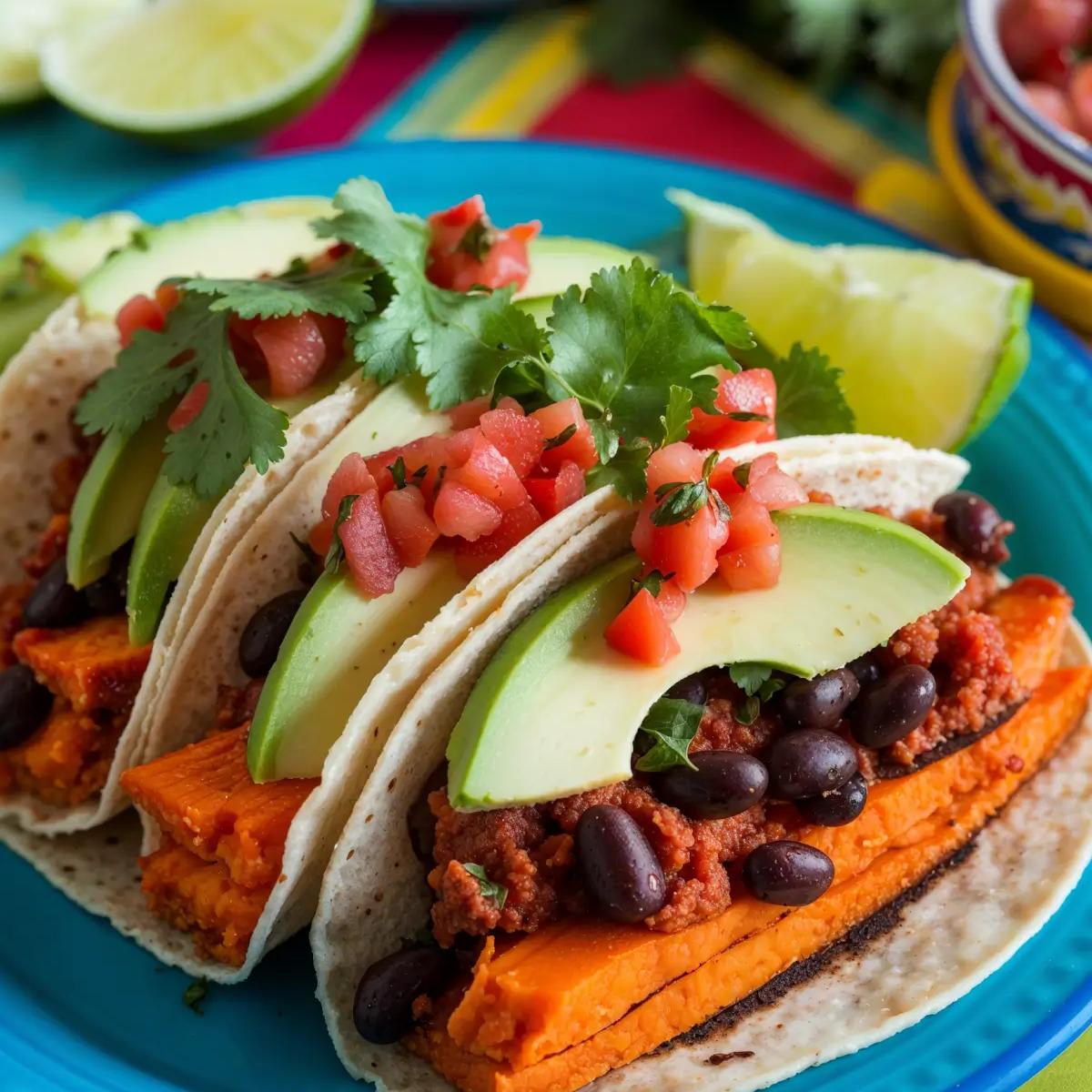 Tacos filled with sweet potatoes, black beans, garnished with cilantro, and served with lime wedges.