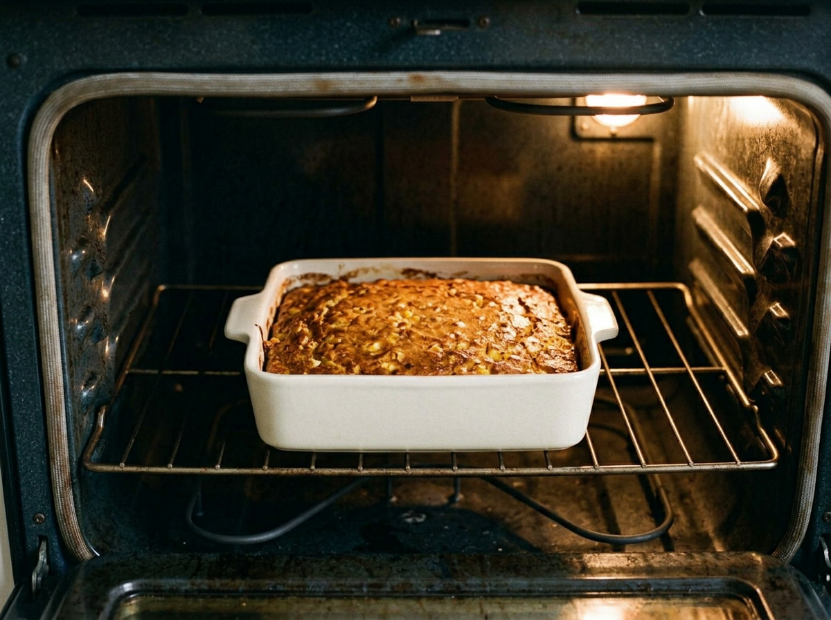 The corn casserole baking on the middle oven rack, its top domed, deep golden and cracked at the edges.