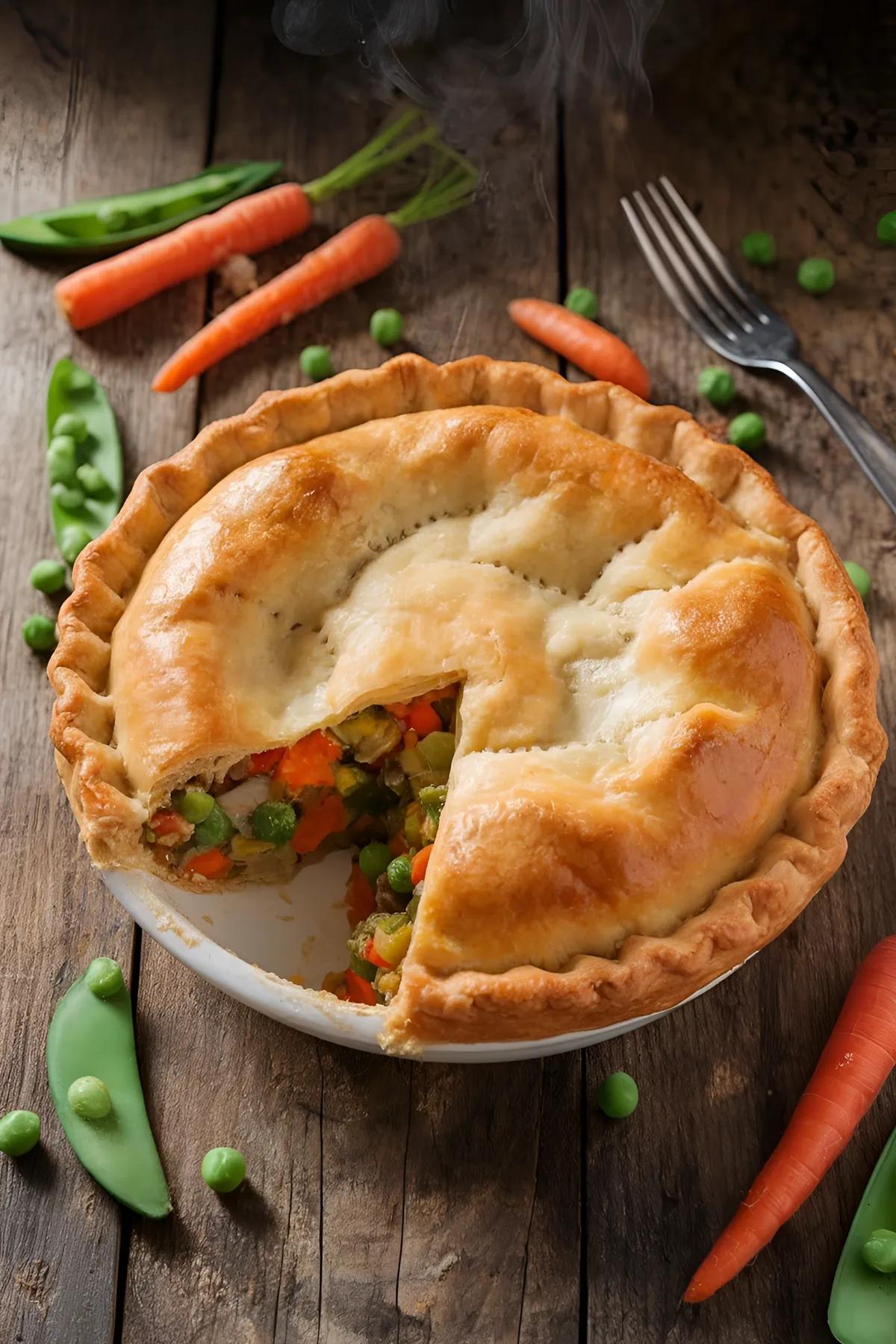 A freshly baked vegetarian pot pie with a flaky crust and colorful vegetable filling on a rustic table.