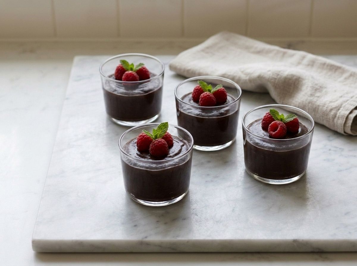 The chilled mousse served in glasses, each topped with fresh raspberries and a mint leaf