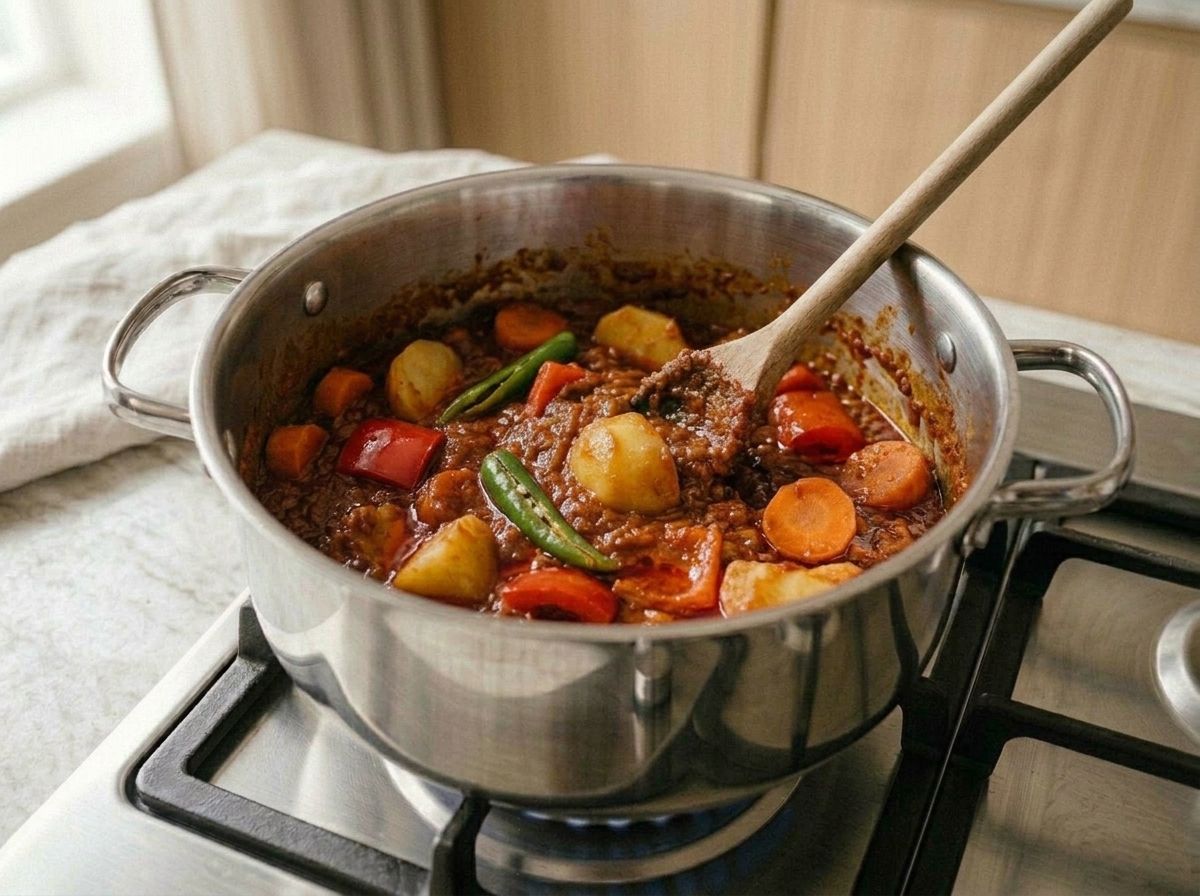 Red bell pepper and slit green chilies stirred in, the sauce reducing uncovered until it clings to the vegetables