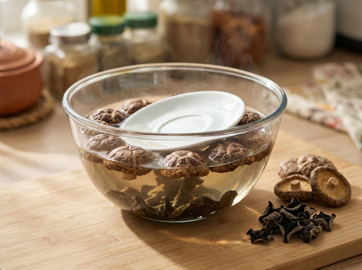 Dried shiitake and wood ear mushrooms soaking under a saucer in a bowl of just-boiled water.