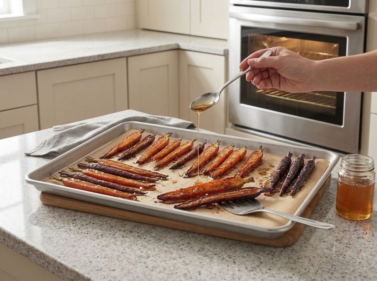 Honey drizzled from a spoon over the roasted carrots before they go back in for the last ten minutes