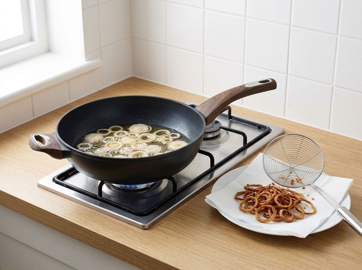 Thin shallot rings frying to pale gold in shallow oil in a black skillet on the hob, with drained crisp shallots on paper towel beside it
