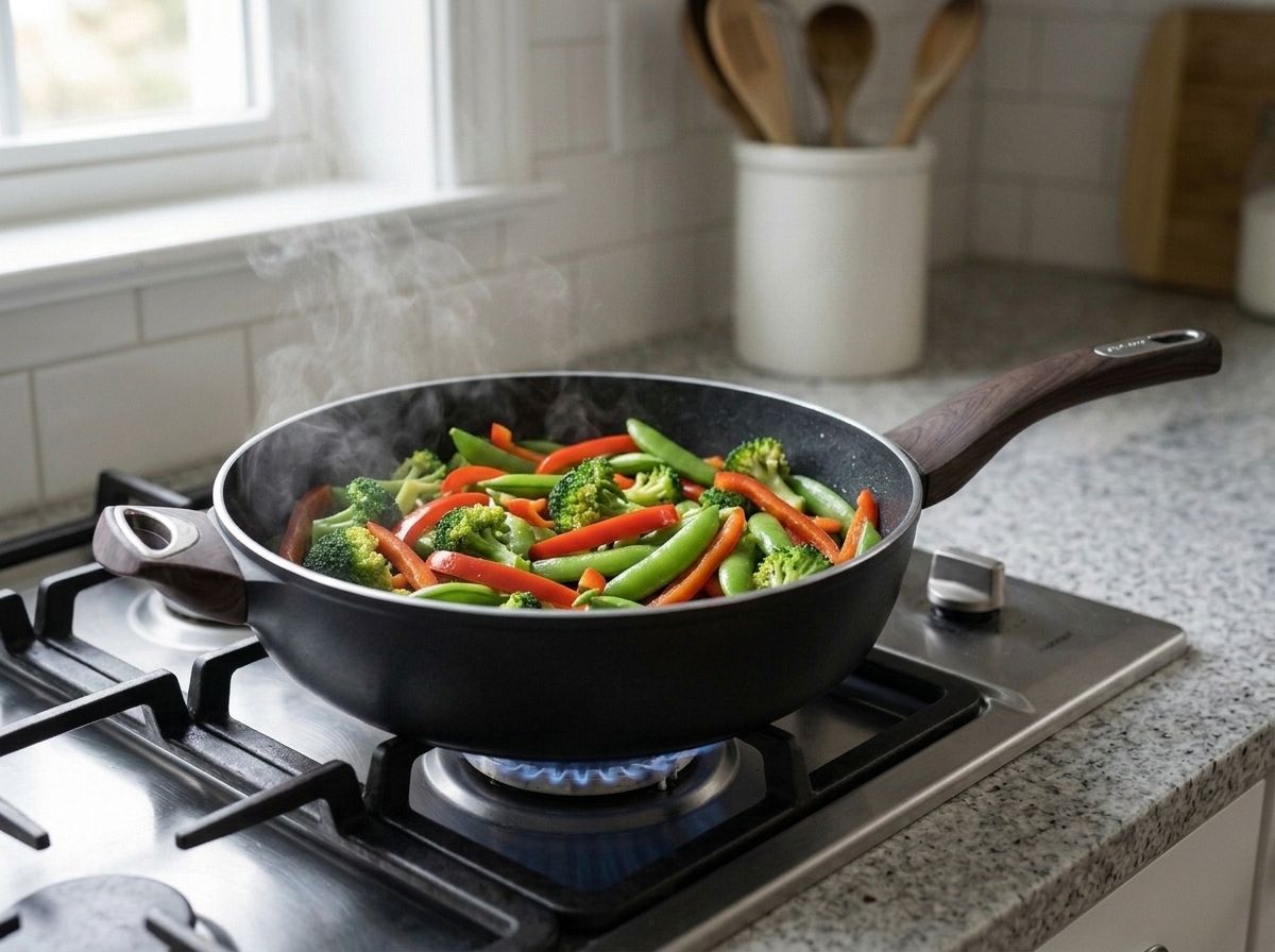 Red pepper strips and sugar snap peas added to the broccoli and stir-fried