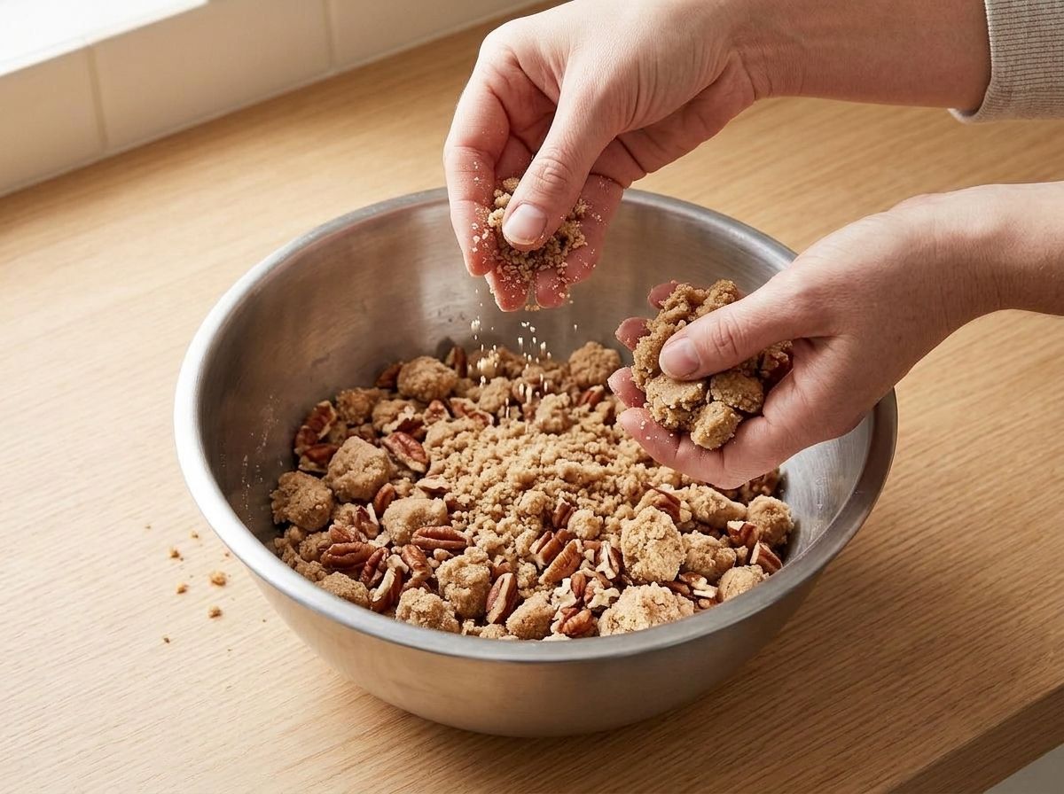 Butter rubbed into flour, sugar and chopped pecans until the streusel clumps when squeezed